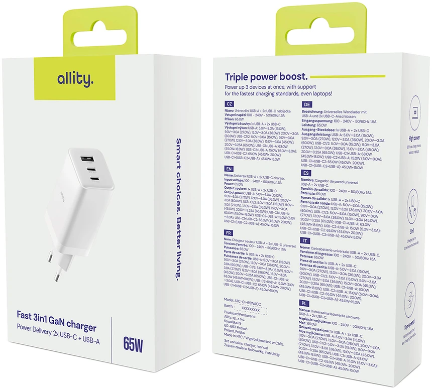 "Allity" sieninis įkroviklis GaN PD QC ATC-01-65WACC 2x USB-C 1x USB-A 65W baltas