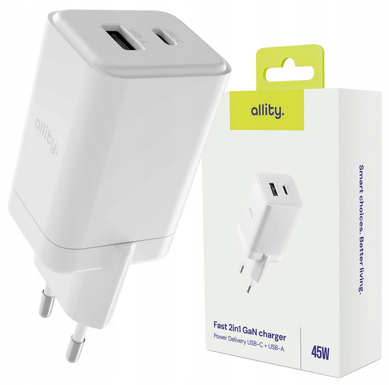 "Allity" sieninis įkroviklis GaN PD QC ATC-01-45WAC 1x USB-C 1x USB-A 45W baltas