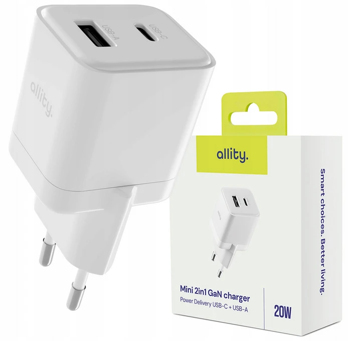 "Allity" sieninis įkroviklis GaN PD QC ATC-01-20WACr 1x USB-C 1x USB-A 20W baltas