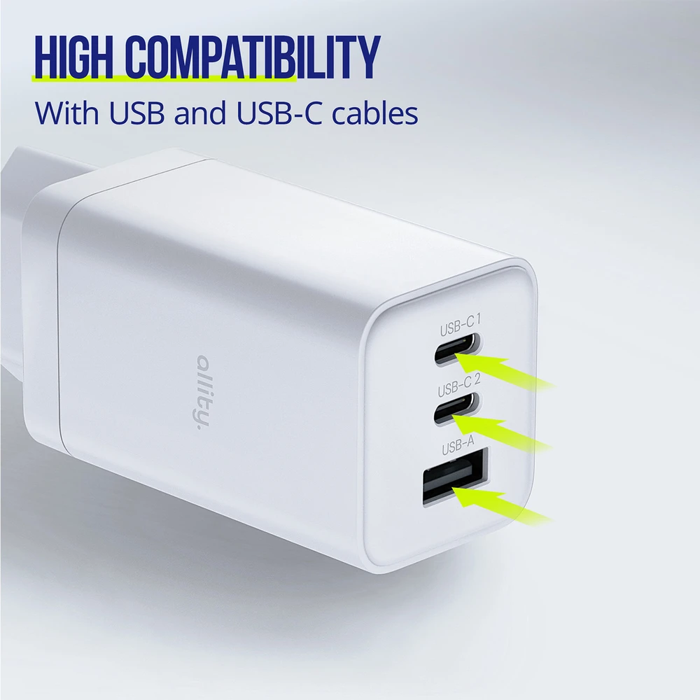 "Allity" sieninis įkroviklis GaN PD QC ATC-01-65WACC 2x USB-C 1x USB-A 65W baltas