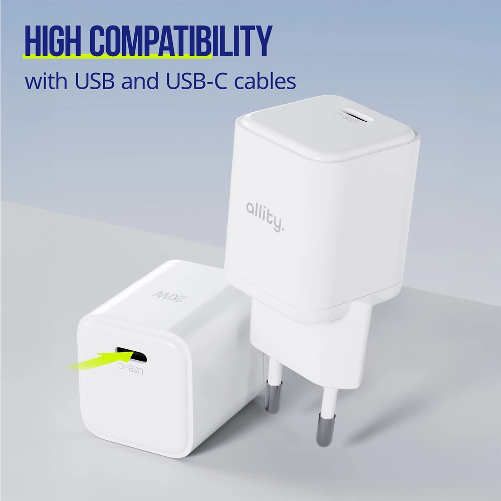 "Allity" sieninis įkroviklis GaN PD QC ATC-01-20WC 1x USB-C 20W baltas