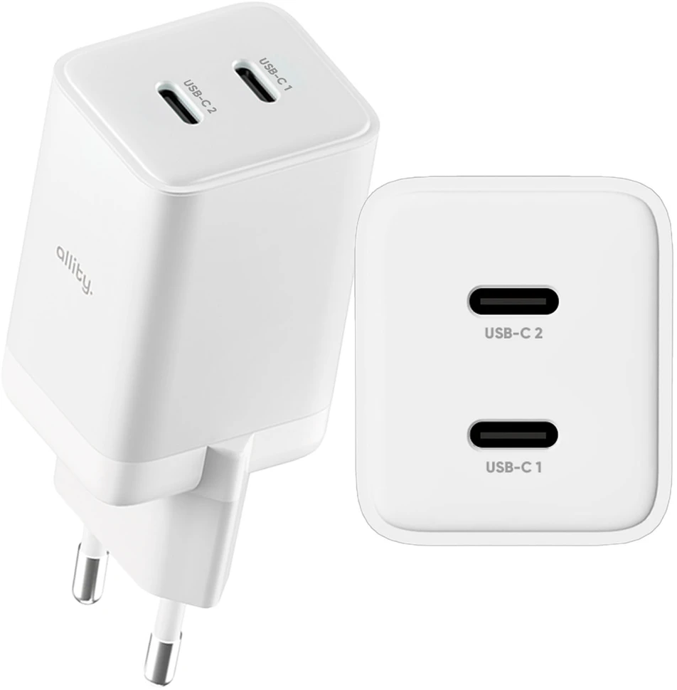 "Allity" sieninis įkroviklis GaN PD QC ATC-01-45WCC 2x USB-C 45W baltas