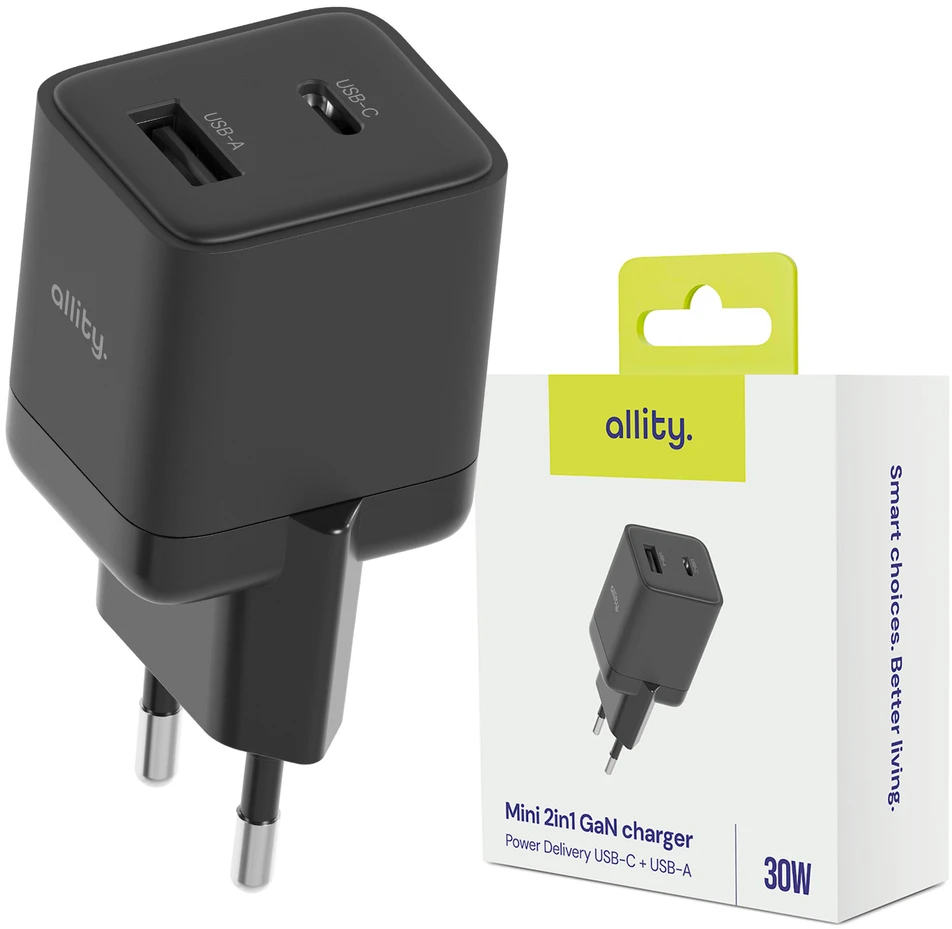 Allity Sp. su o.o. Allity sieninis įkroviklis GaN PD QC ATC-01-30WAC 1x USB-C 1x USB-A 30W juodas