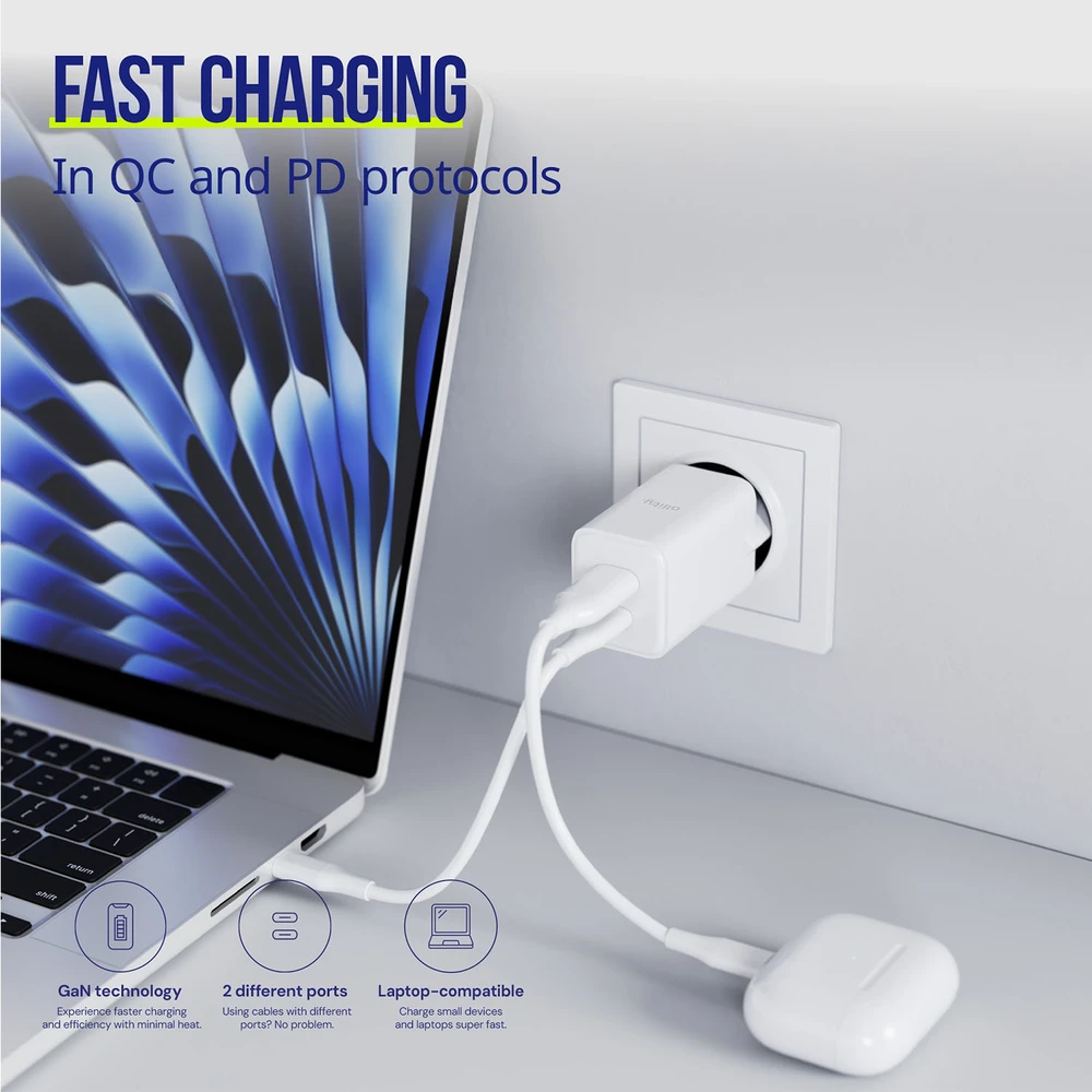 "Allity" sieninis įkroviklis GaN PD QC ATC-01-45WAC 1x USB-C 1x USB-A 45W baltas