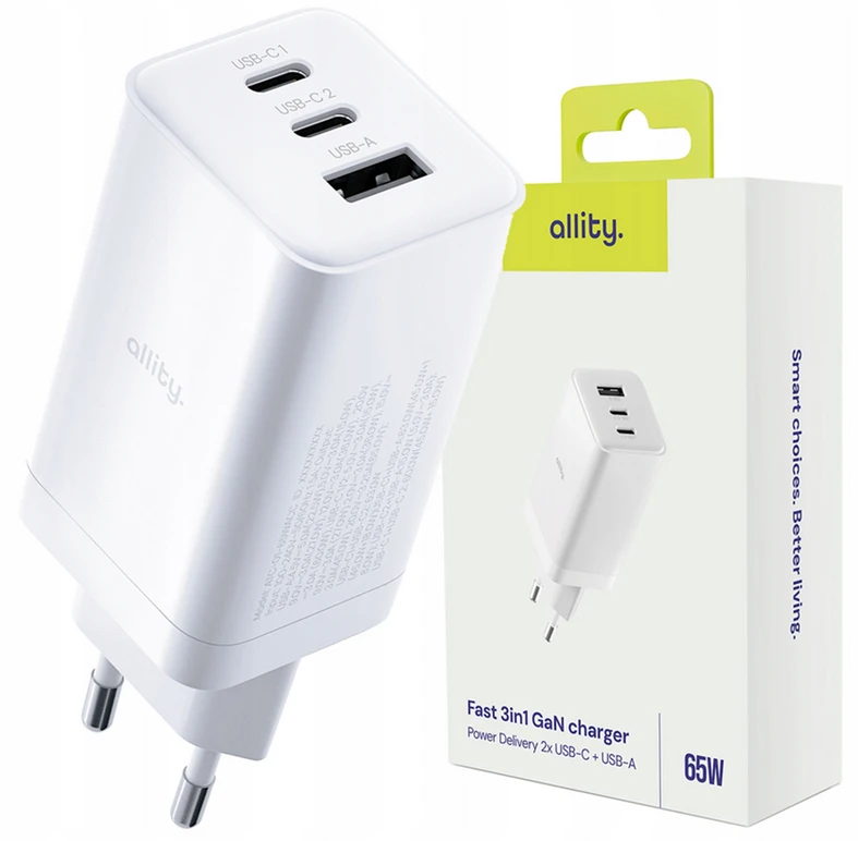 "Allity" sieninis įkroviklis GaN PD QC ATC-01-65WACC 2x USB-C 1x USB-A 65W baltas