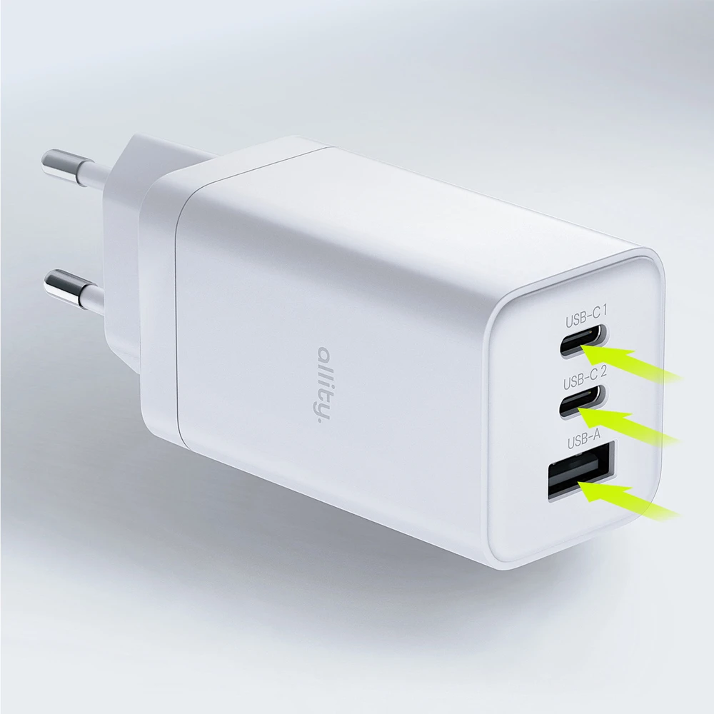 "Allity" sieninis įkroviklis GaN PD QC ATC-01-65WACC 2x USB-C 1x USB-A 65W baltas