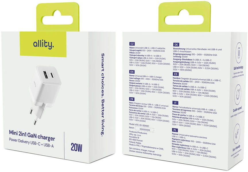 "Allity" sieninis įkroviklis GaN PD QC ATC-01-20WACr 1x USB-C 1x USB-A 20W baltas