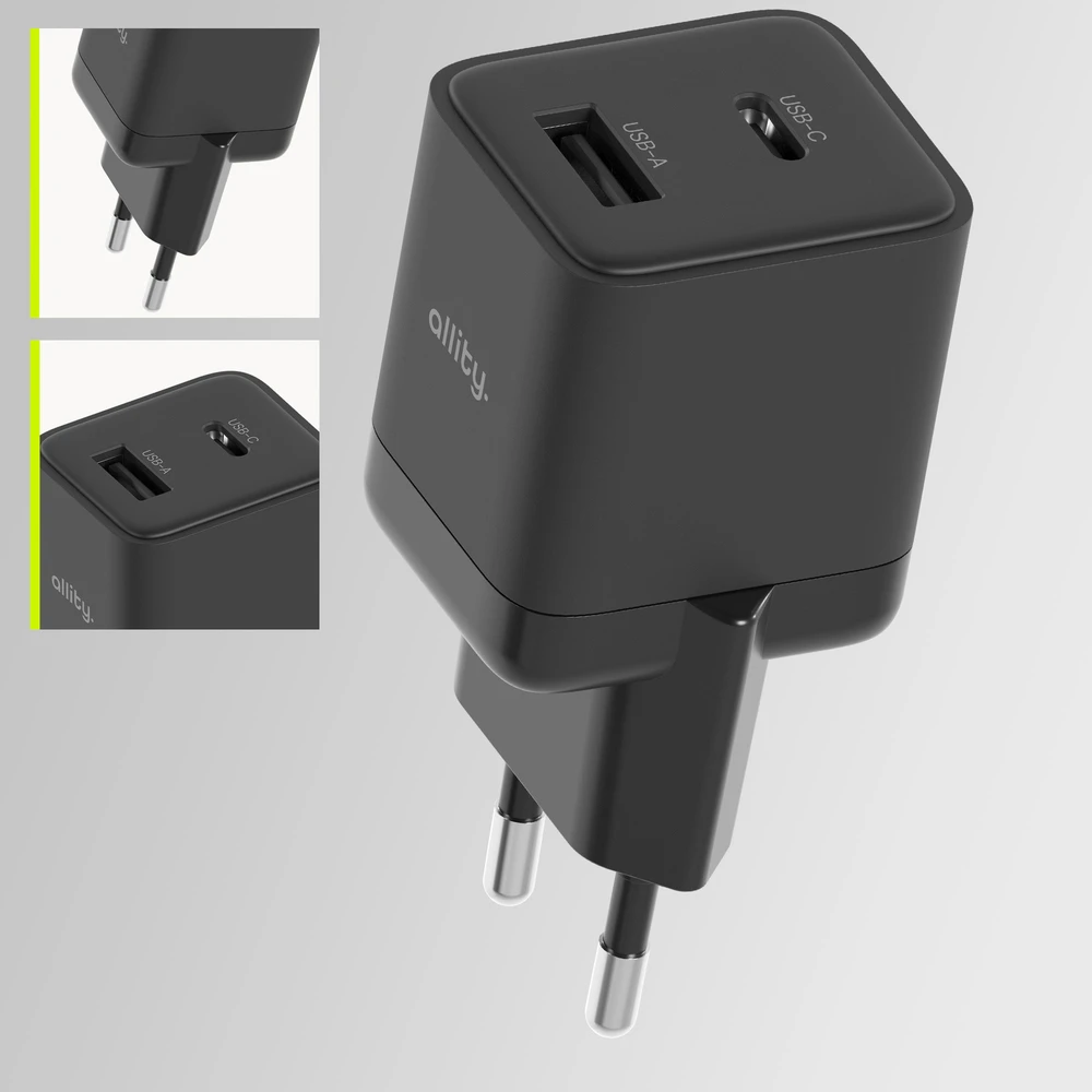 Allity Sp. su o.o. Allity sieninis įkroviklis GaN PD QC ATC-01-30WAC 1x USB-C 1x USB-A 30W juodas