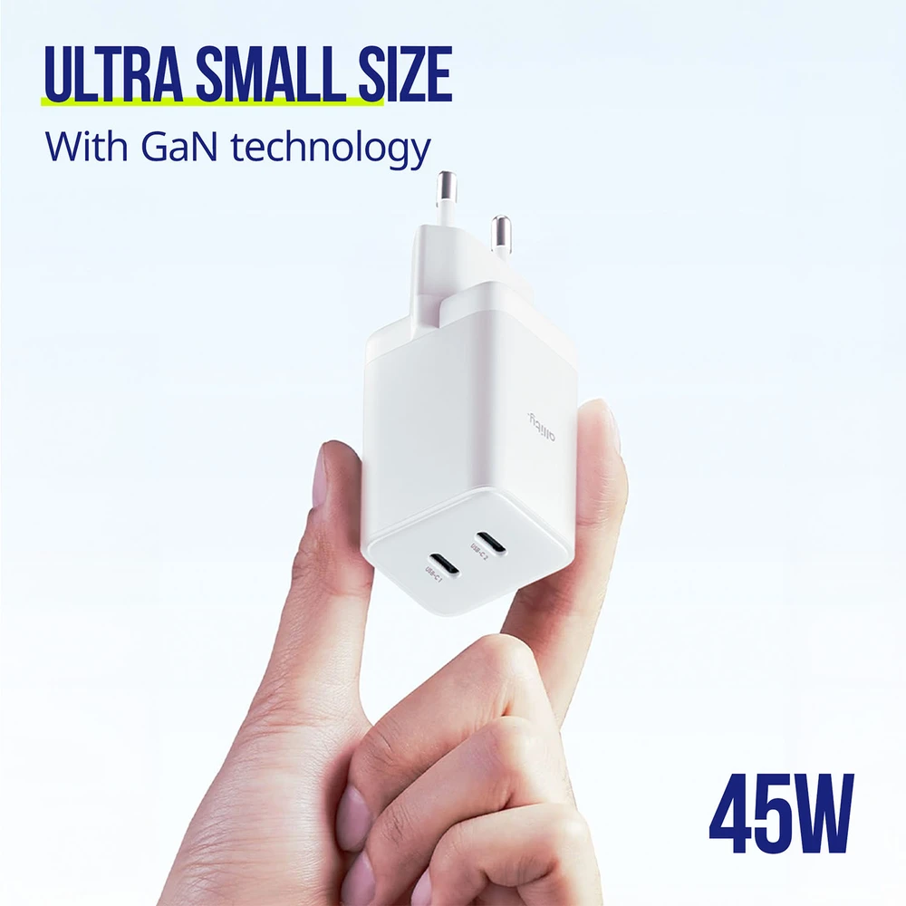 "Allity" sieninis įkroviklis GaN PD QC ATC-01-45WCC 2x USB-C 45W baltas