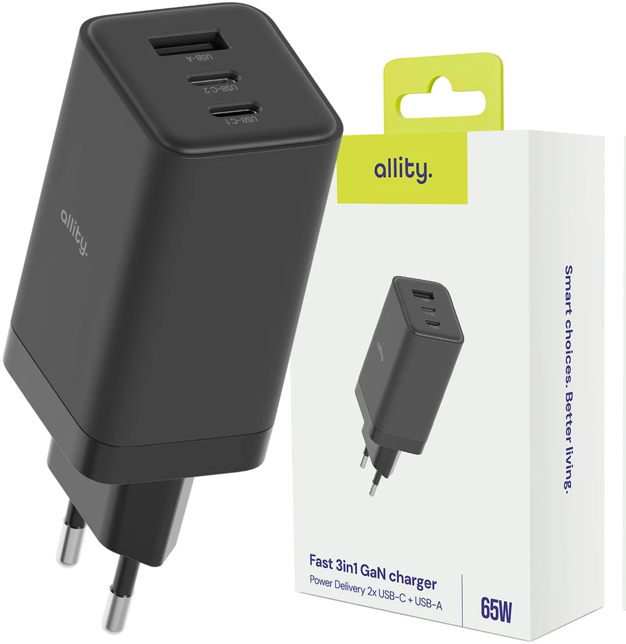 Allity Sp. su o.o. Allity sieninis įkroviklis GaN PD QC ATC-01-65WACC 2x USB-C 1x USB-A 65W juodas