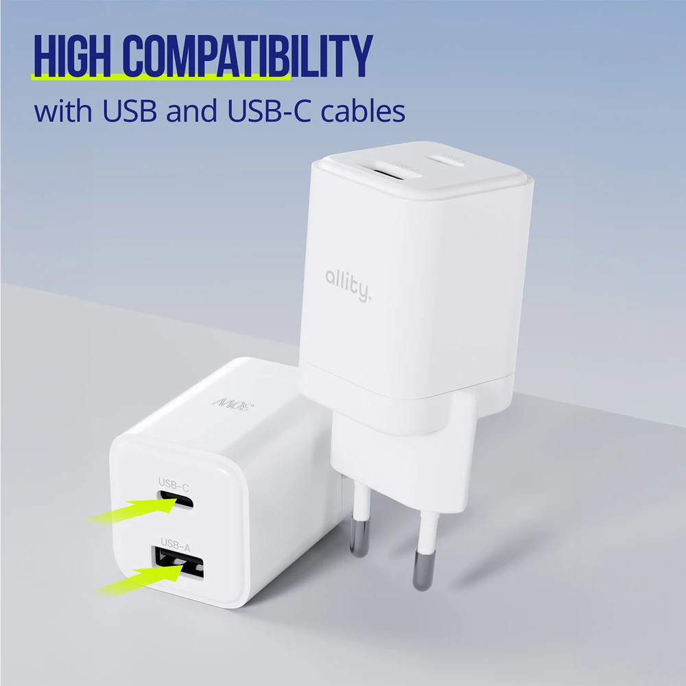 "Allity" sieninis įkroviklis GaN PD QC ATC-01-30WAC 1x USB-C 1x USB-A 30W baltas