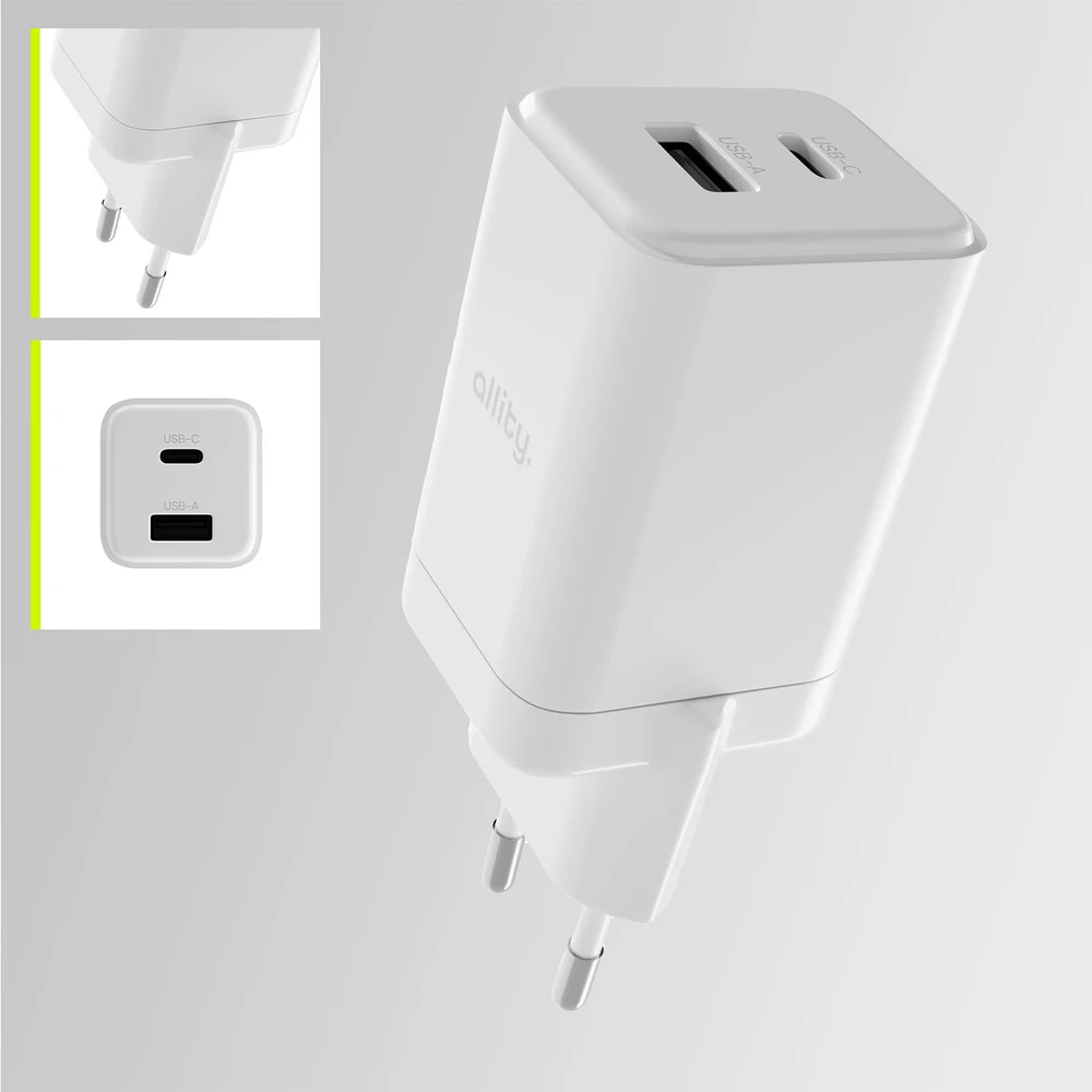 "Allity" sieninis įkroviklis GaN PD QC ATC-01-45WAC 1x USB-C 1x USB-A 45W baltas