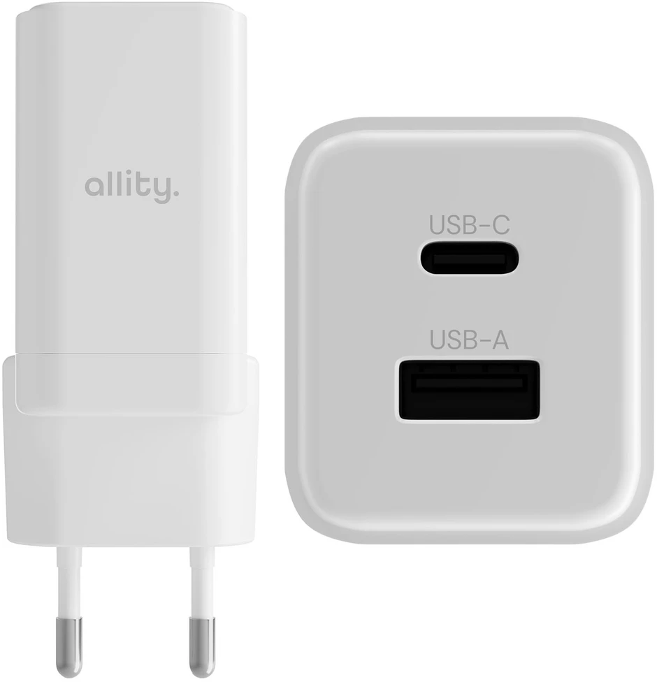 "Allity" sieninis įkroviklis GaN PD QC ATC-01-45WAC 1x USB-C 1x USB-A 45W baltas
