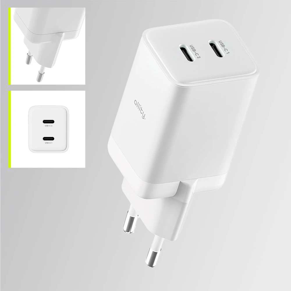 "Allity" sieninis įkroviklis GaN PD QC ATC-01-45WCC 2x USB-C 45W baltas