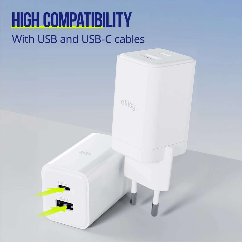 "Allity" sieninis įkroviklis GaN PD QC ATC-01-45WAC 1x USB-C 1x USB-A 45W baltas