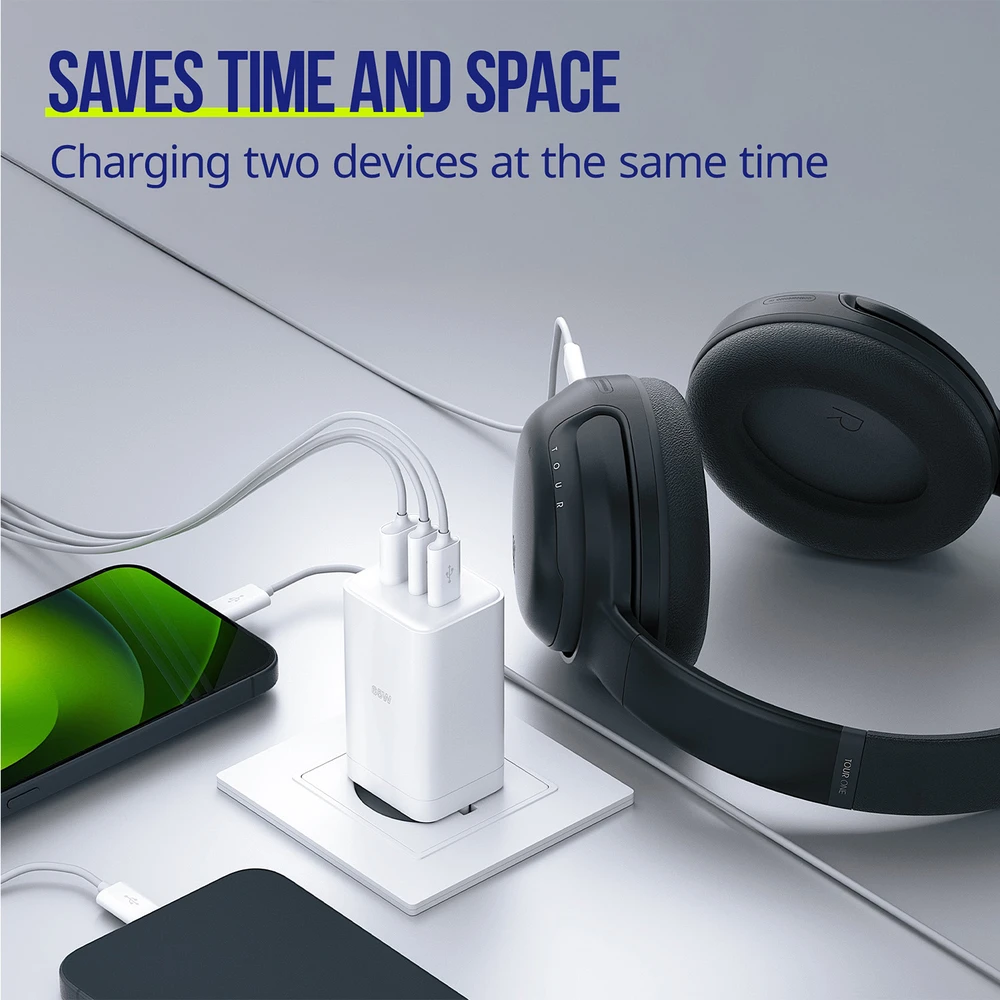 "Allity" sieninis įkroviklis GaN PD QC ATC-01-65WACC 2x USB-C 1x USB-A 65W baltas