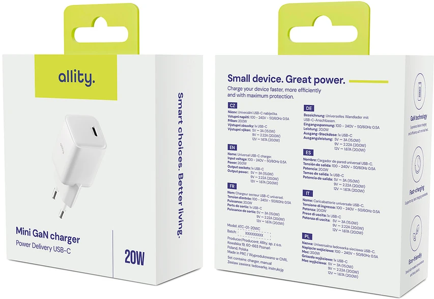 "Allity" sieninis įkroviklis GaN PD QC ATC-01-20WC 1x USB-C 20W baltas