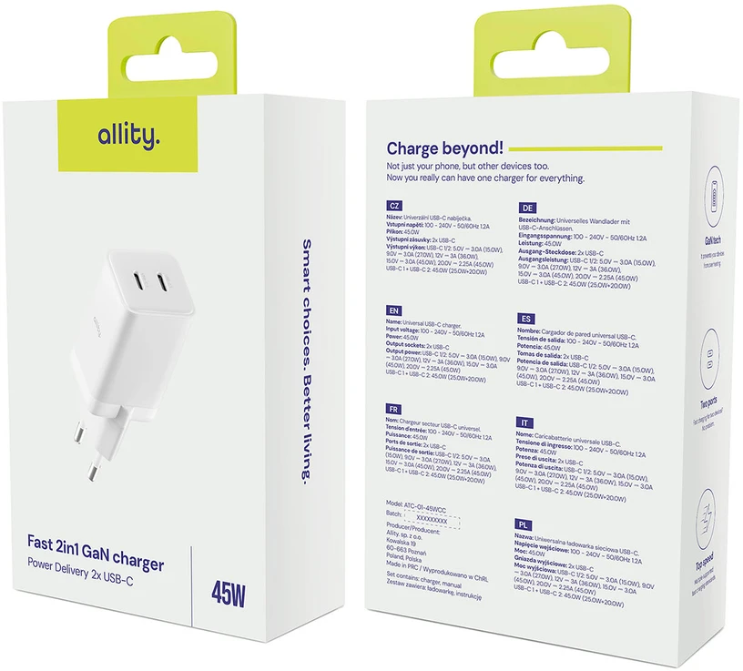 "Allity" sieninis įkroviklis GaN PD QC ATC-01-45WCC 2x USB-C 45W baltas