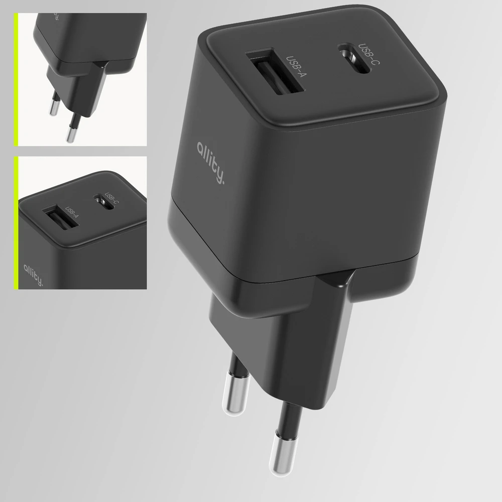 Allity Sp. su o.o. Allity sieninis įkroviklis GaN PD QC ATC-01-20WAC 1x USB-C 1x USB-A 20W juodas