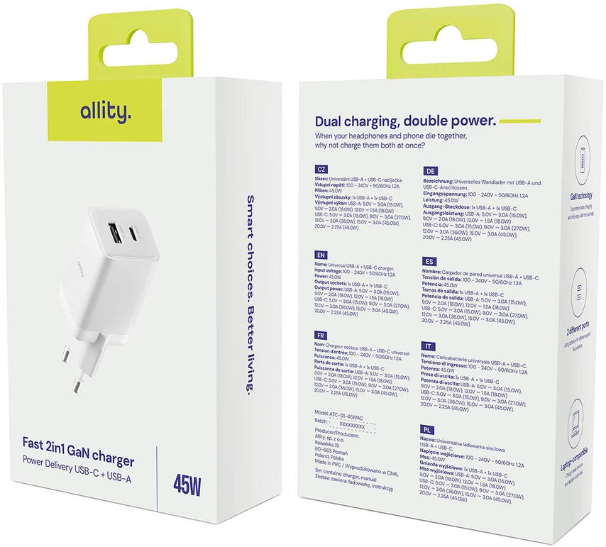"Allity" sieninis įkroviklis GaN PD QC ATC-01-45WAC 1x USB-C 1x USB-A 45W baltas