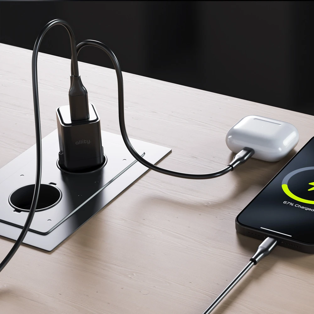 Allity Sp. su o.o. Allity sieninis įkroviklis GaN PD QC ATC-01-20WAC 1x USB-C 1x USB-A 20W juodas