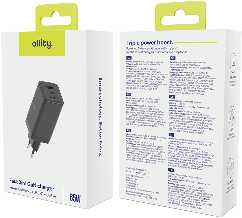 Allity Sp. su o.o. Allity sieninis įkroviklis GaN PD QC ATC-01-65WACC 2x USB-C 1x USB-A 65W juodas