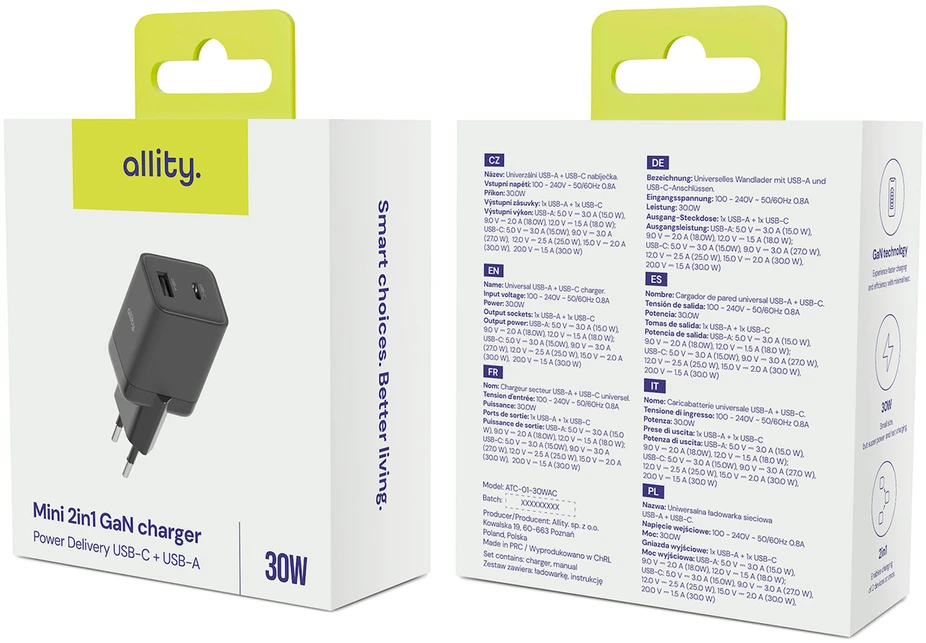 Allity Sp. su o.o. Allity sieninis įkroviklis GaN PD QC ATC-01-30WAC 1x USB-C 1x USB-A 30W juodas
