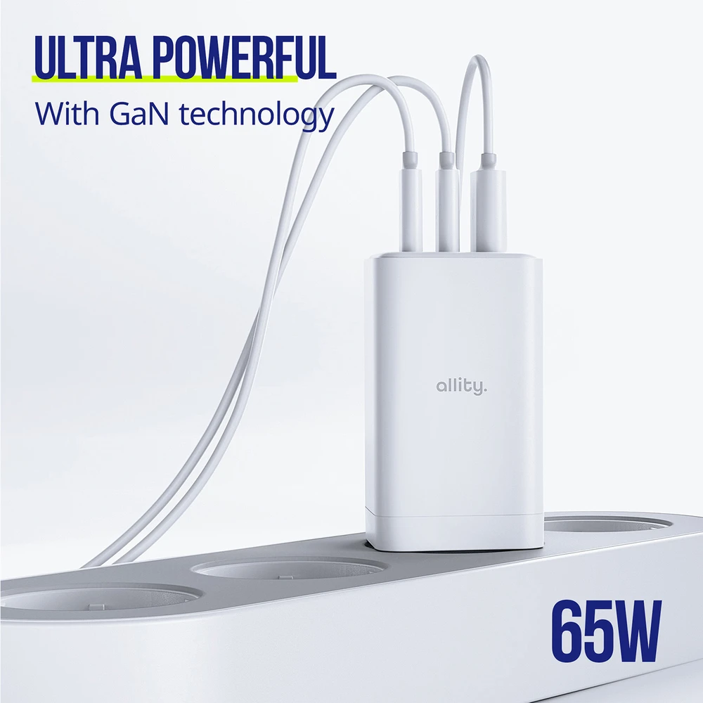"Allity" sieninis įkroviklis GaN PD QC ATC-01-65WACC 2x USB-C 1x USB-A 65W baltas