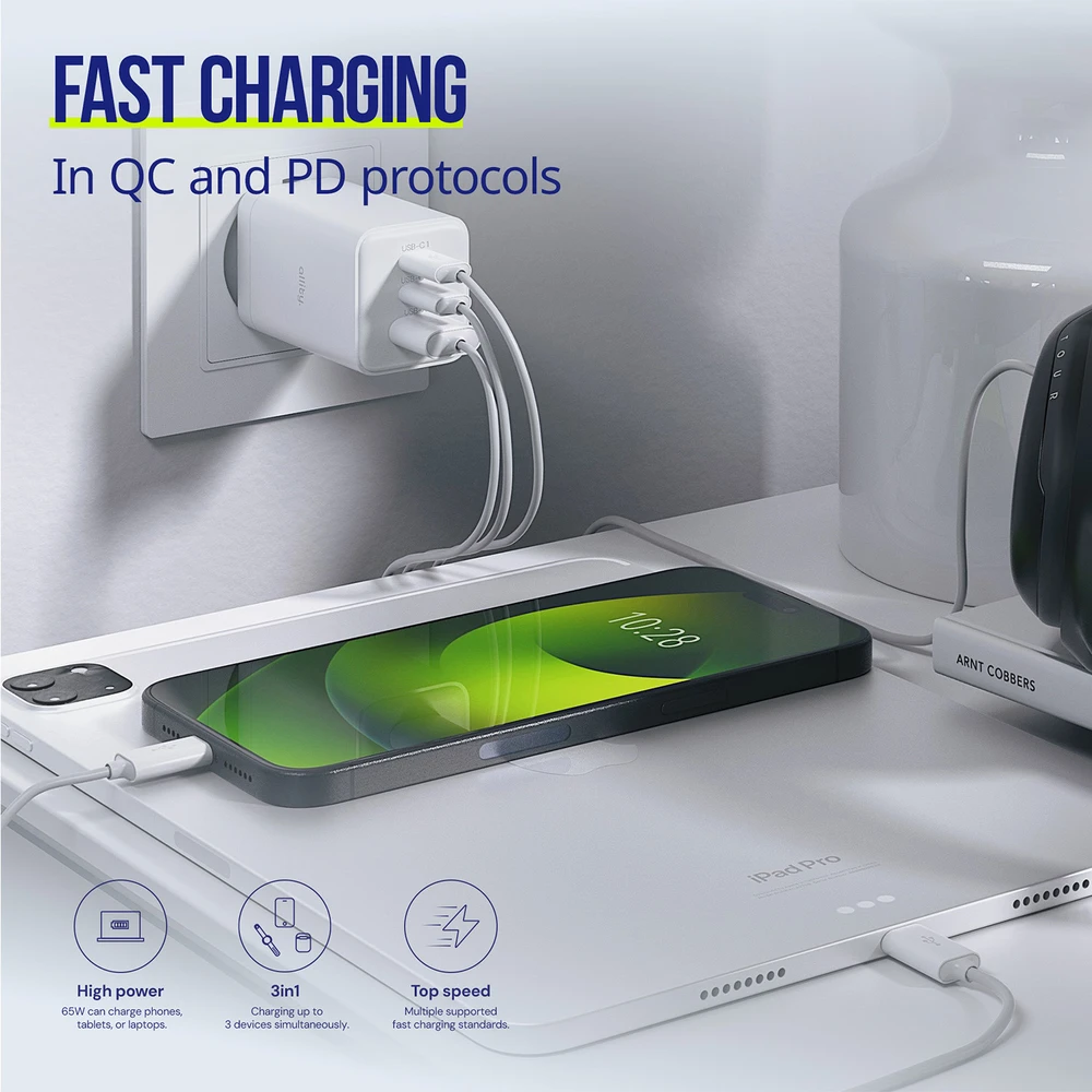 "Allity" sieninis įkroviklis GaN PD QC ATC-01-65WACC 2x USB-C 1x USB-A 65W baltas