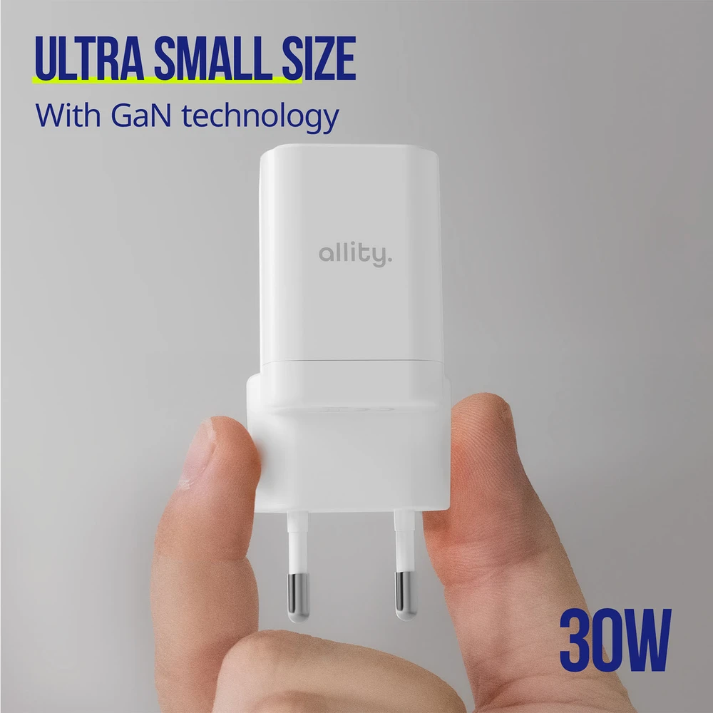 "Allity" sieninis įkroviklis GaN PD QC ATC-01-30WAC 1x USB-C 1x USB-A 30W baltas