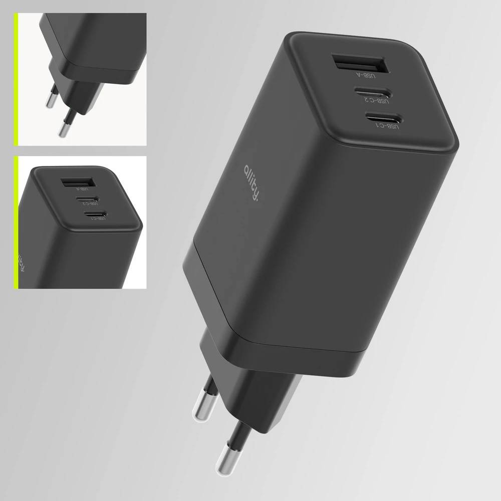 Allity Sp. su o.o. Allity sieninis įkroviklis GaN PD QC ATC-01-65WACC 2x USB-C 1x USB-A 65W juodas