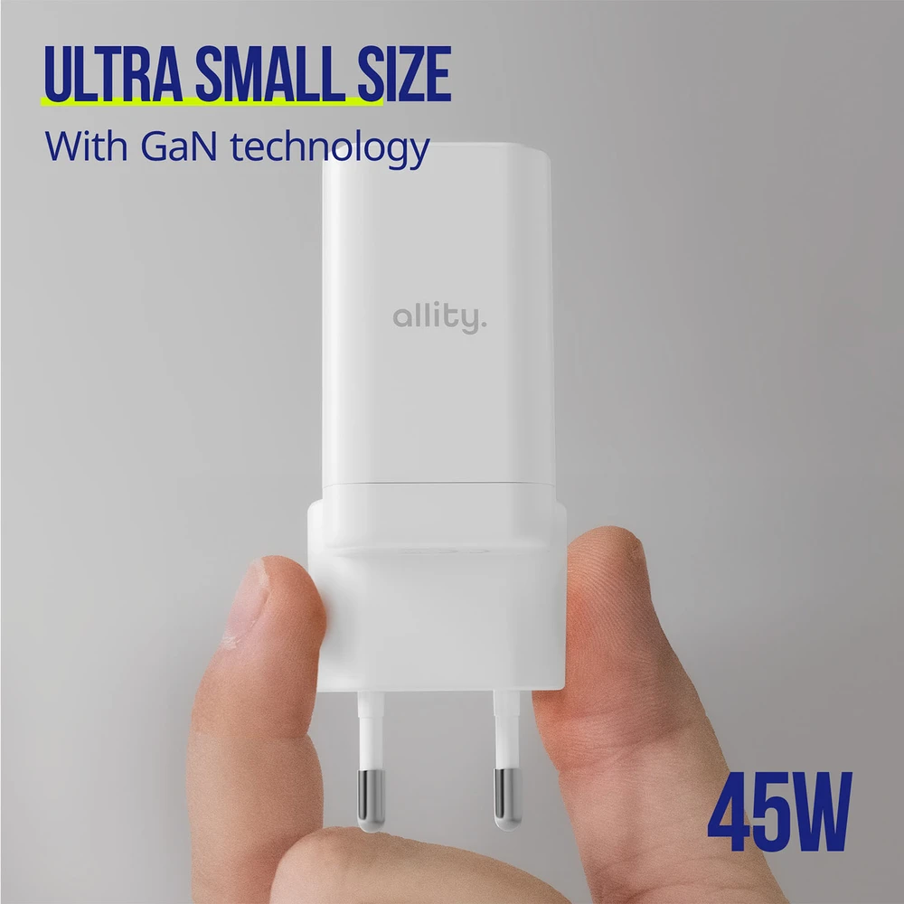 "Allity" sieninis įkroviklis GaN PD QC ATC-01-45WAC 1x USB-C 1x USB-A 45W baltas