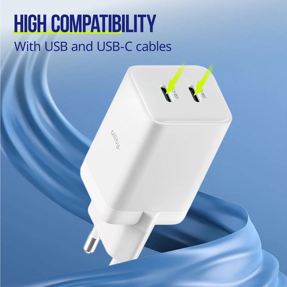 "Allity" sieninis įkroviklis GaN PD QC ATC-01-45WCC 2x USB-C 45W baltas
