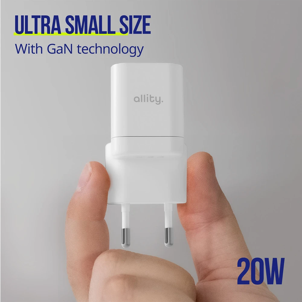 "Allity" sieninis įkroviklis GaN PD QC ATC-01-20WACr 1x USB-C 1x USB-A 20W baltas