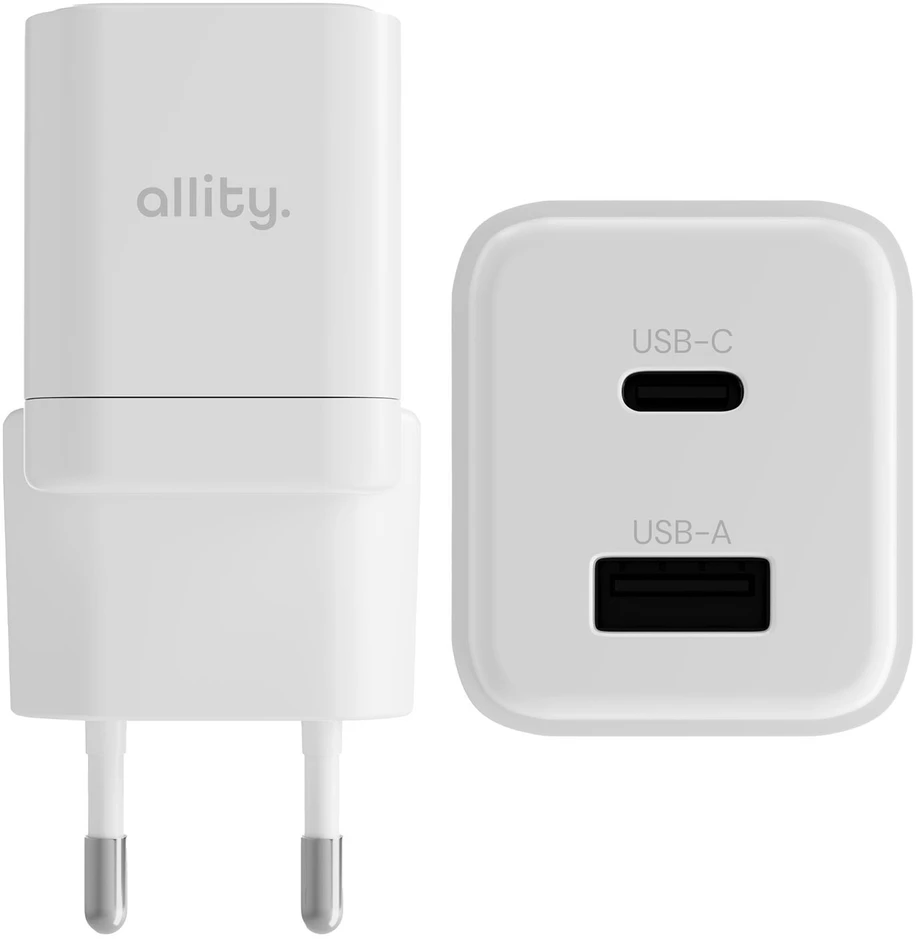 "Allity" sieninis įkroviklis GaN PD QC ATC-01-20WACr 1x USB-C 1x USB-A 20W baltas