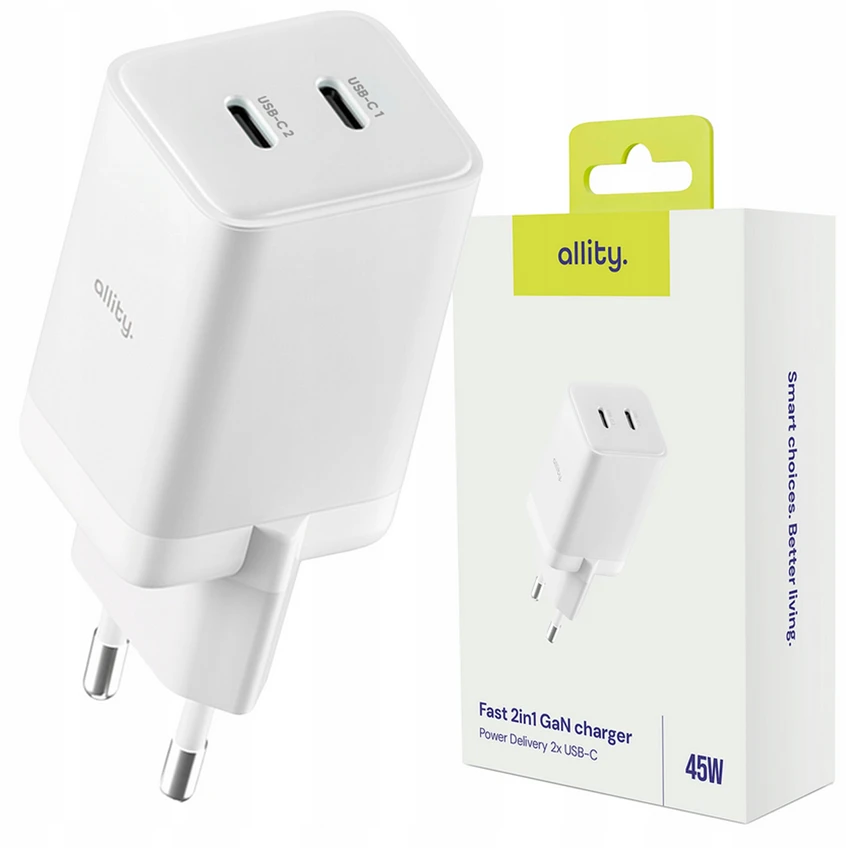 "Allity" sieninis įkroviklis GaN PD QC ATC-01-45WCC 2x USB-C 45W baltas