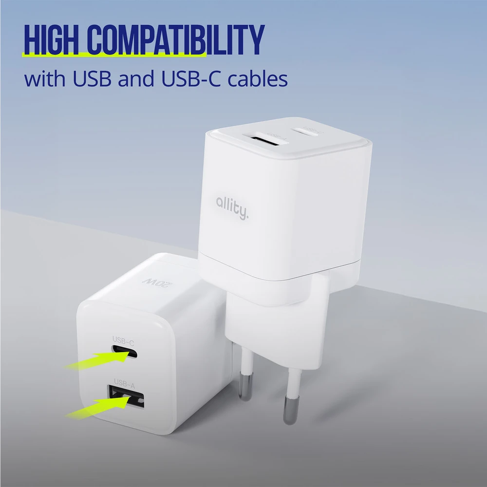 "Allity" sieninis įkroviklis GaN PD QC ATC-01-20WACr 1x USB-C 1x USB-A 20W baltas
