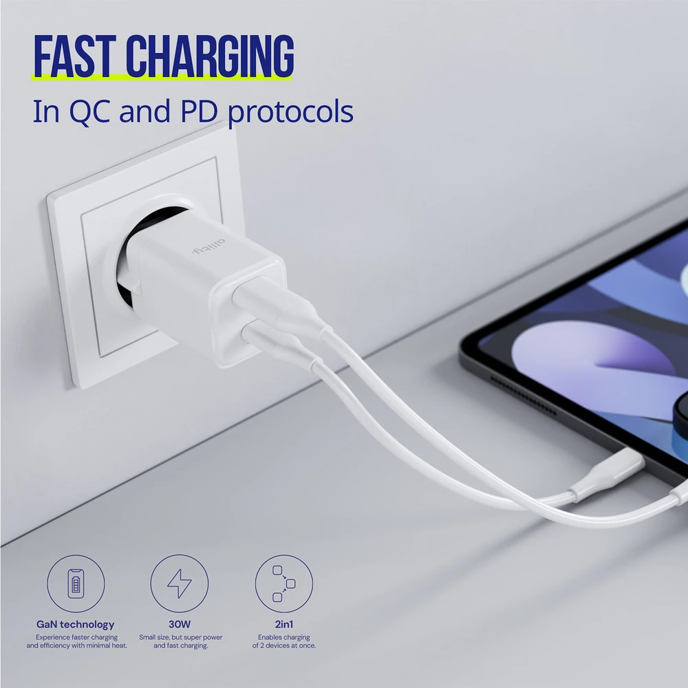 "Allity" sieninis įkroviklis GaN PD QC ATC-01-30WAC 1x USB-C 1x USB-A 30W baltas