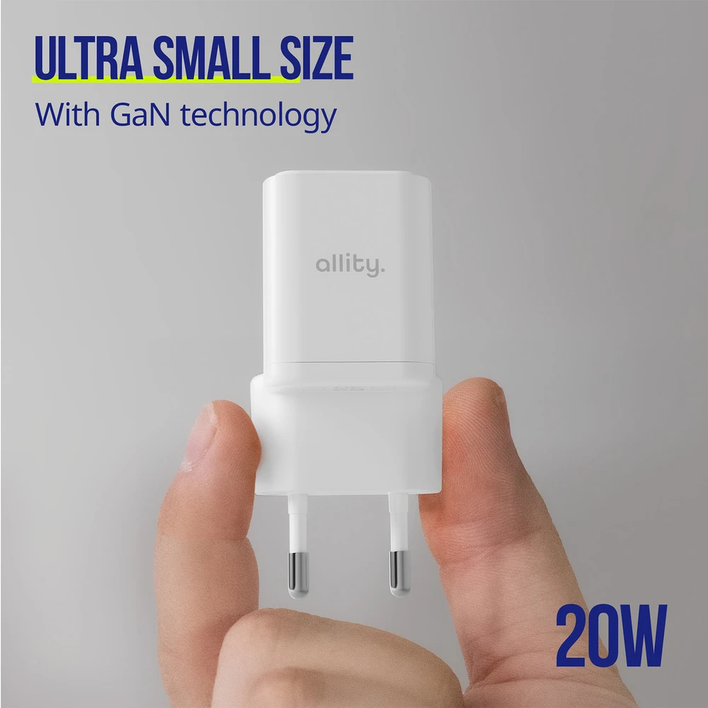 "Allity" sieninis įkroviklis GaN PD QC ATC-01-20WC 1x USB-C 20W baltas