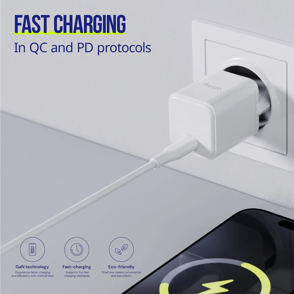 "Allity" sieninis įkroviklis GaN PD QC ATC-01-20WC 1x USB-C 20W baltas