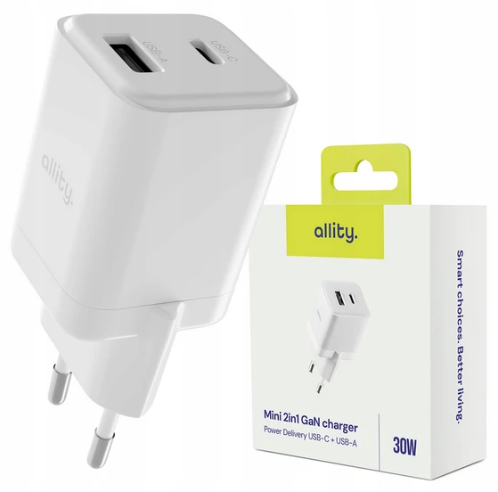 "Allity" sieninis įkroviklis GaN PD QC ATC-01-30WAC 1x USB-C 1x USB-A 30W baltas