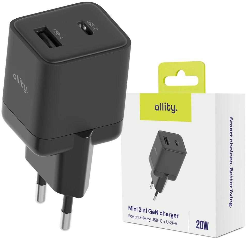 Allity Sp. su o.o. Allity sieninis įkroviklis GaN PD QC ATC-01-20WAC 1x USB-C 1x USB-A 20W juodas