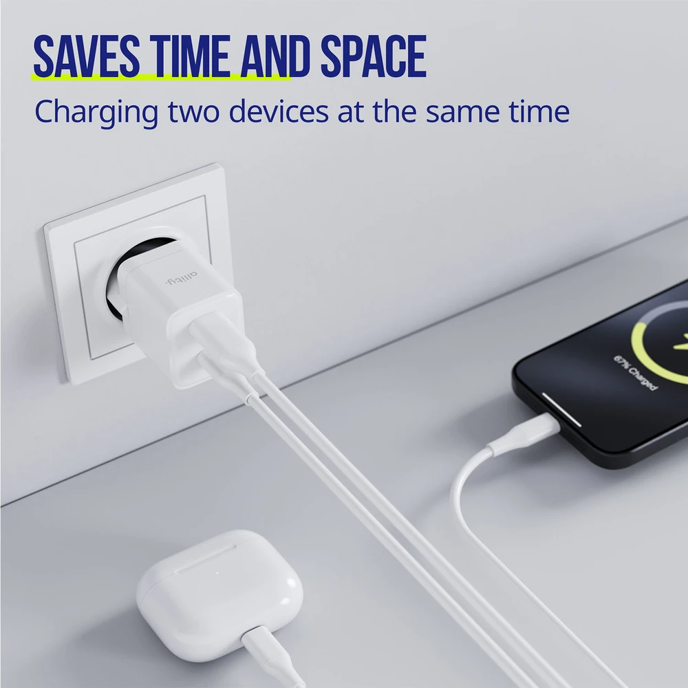 "Allity" sieninis įkroviklis GaN PD QC ATC-01-20WACr 1x USB-C 1x USB-A 20W baltas