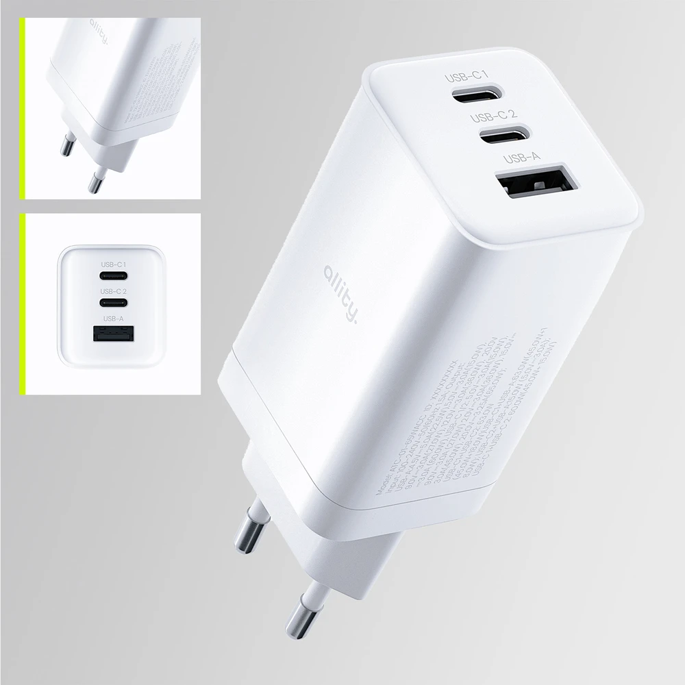 "Allity" sieninis įkroviklis GaN PD QC ATC-01-65WACC 2x USB-C 1x USB-A 65W baltas