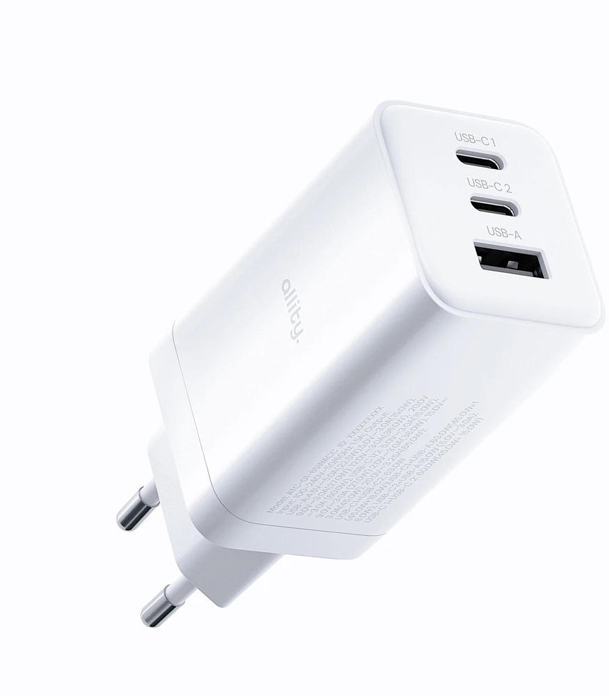 "Allity" sieninis įkroviklis GaN PD QC ATC-01-65WACC 2x USB-C 1x USB-A 65W baltas