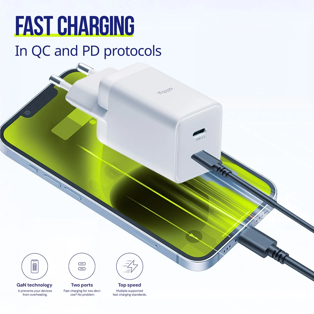 "Allity" sieninis įkroviklis GaN PD QC ATC-01-45WCC 2x USB-C 45W baltas