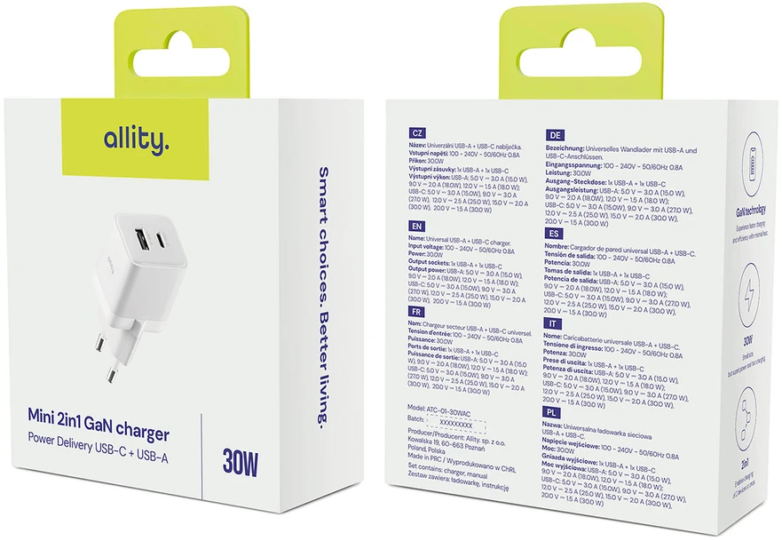 "Allity" sieninis įkroviklis GaN PD QC ATC-01-30WAC 1x USB-C 1x USB-A 30W baltas