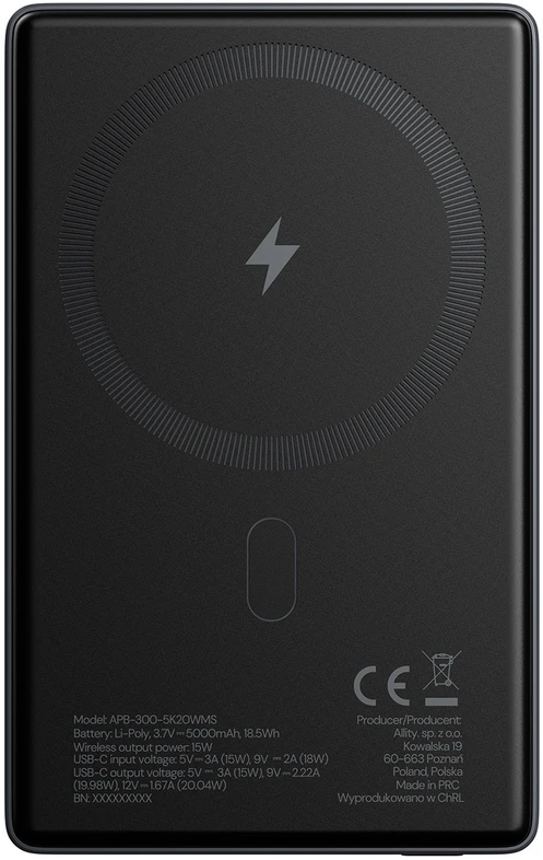 „Allity Sp. su o.o.“ „Allity“ belaidė išorinė baterija APB-300 PD QC 20W 5000 mAh magnetinė pilka