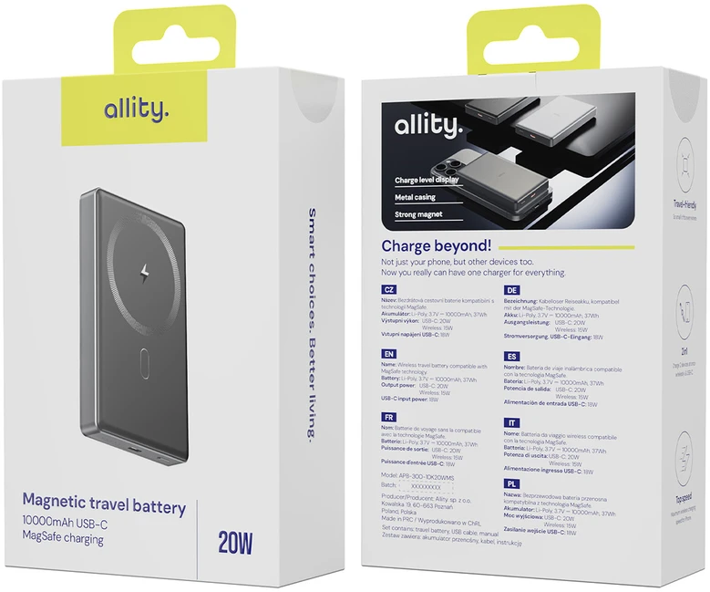 „Allity Sp. su o.o.“ „Allity“ belaidė išorinė baterija APB-300 PD QC 20W 10000 mAh magnetinė pilka