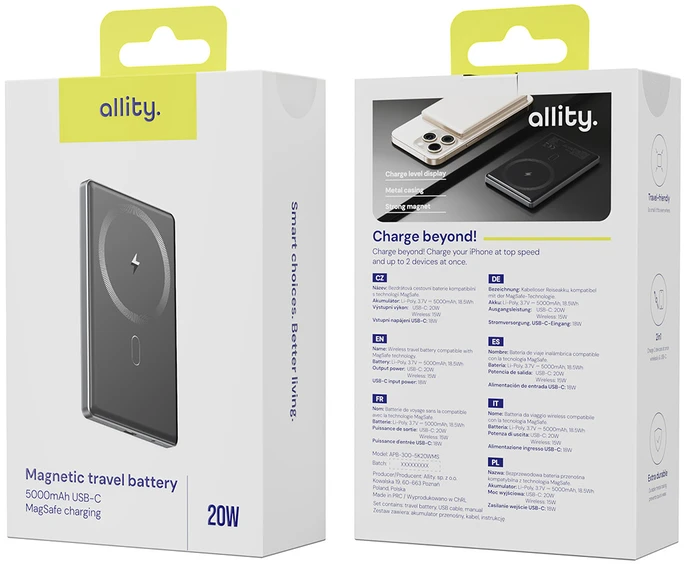 „Allity Sp. su o.o.“ „Allity“ belaidė išorinė baterija APB-300 PD QC 20W 5000 mAh magnetinė pilka